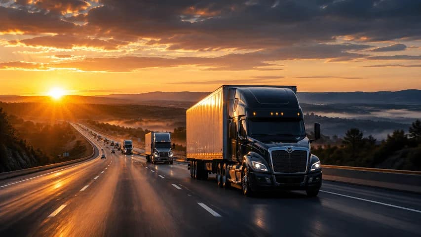Convoy of trucks on a highway at dawn
