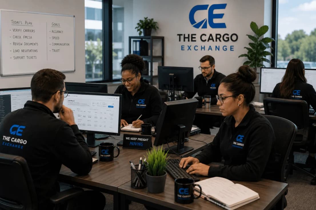 The Cargo Exchange team in the office — candid, working the desks, logo wall visible