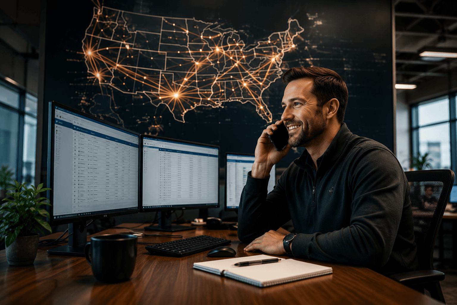 Freight broker on the phone in front of a live US freight map