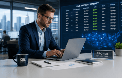 Broker posting a load with the live freight market behind him