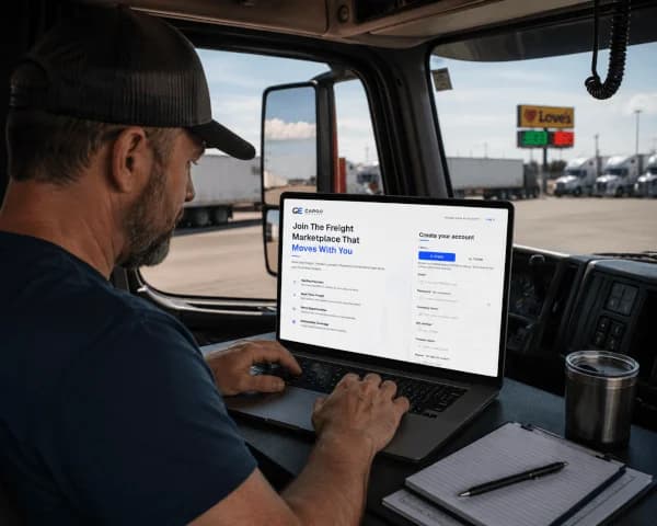 Owner-operator creating an account on a laptop at a truck stop