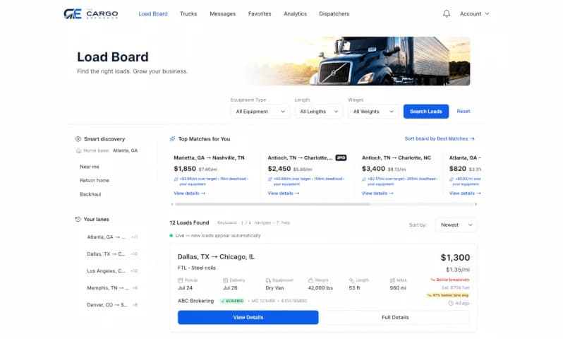 Screenshot of the load board search results