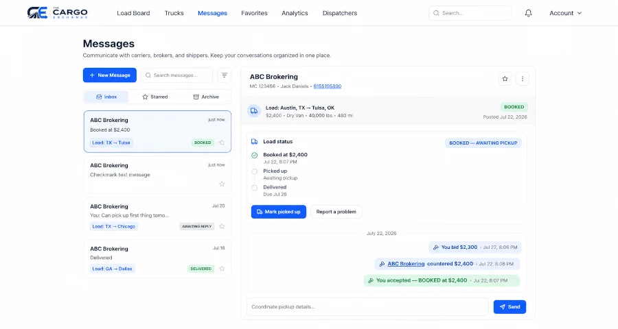Screenshot of the messaging and bid conversation between a broker and a carrier