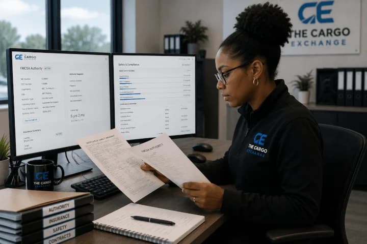 Compliance reviewer checking FMCSA records and documents