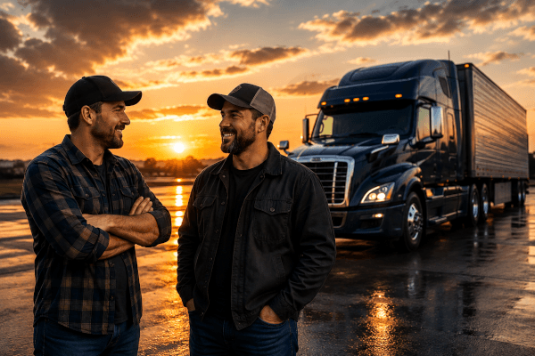 Two truckers talking in front of a semi at sunset
