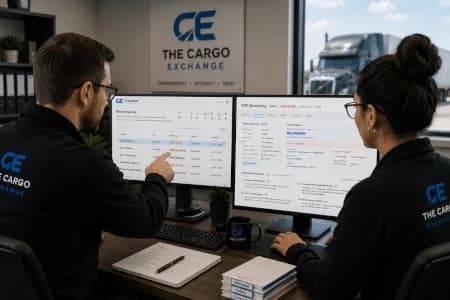 Two reviewers at desks comparing carrier records on screen