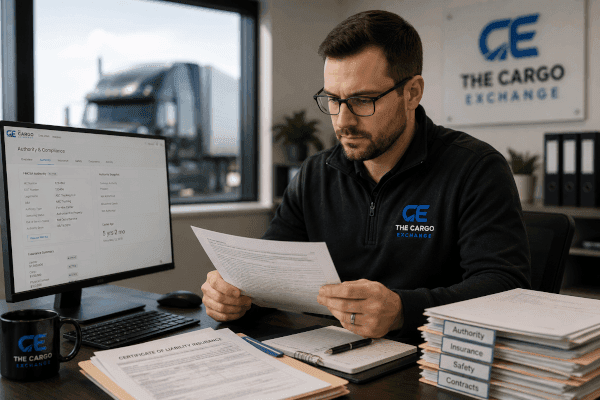 Cargo Exchange compliance analyst reviewing carrier authority and insurance documents